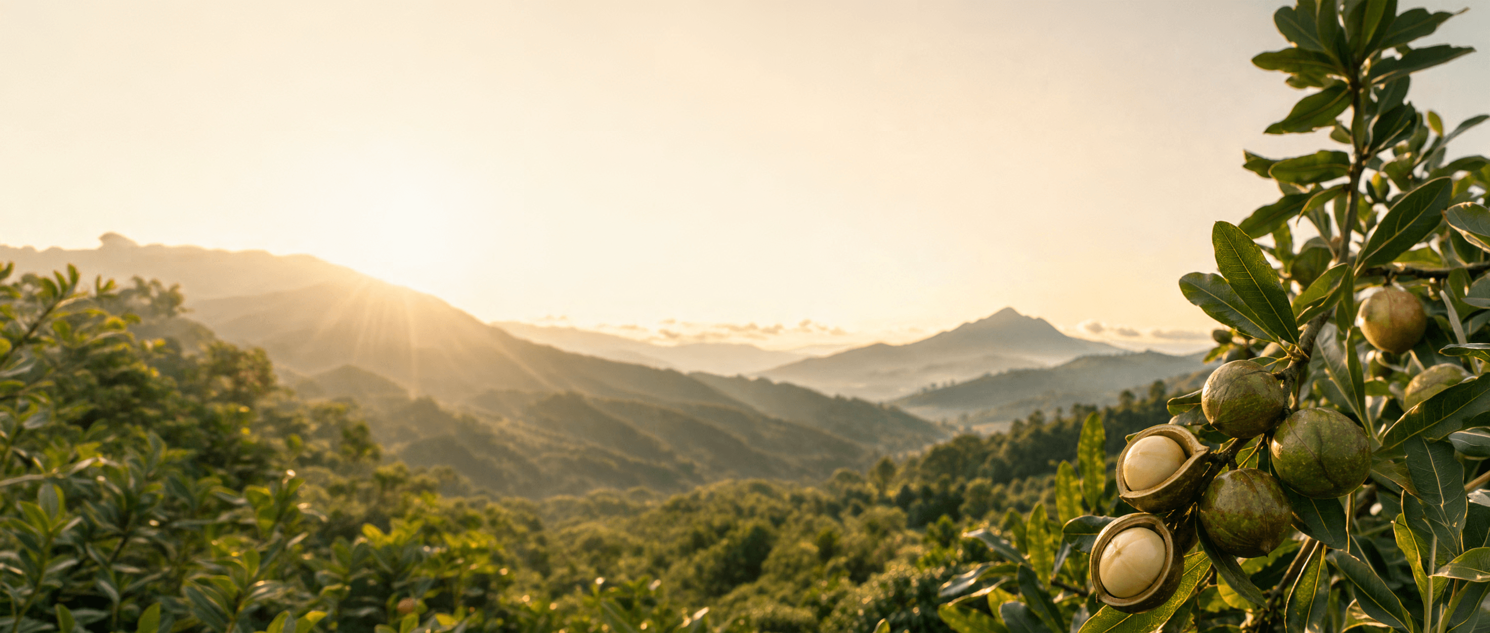 The Kenyan highlands with macadamia orchards at golden hour