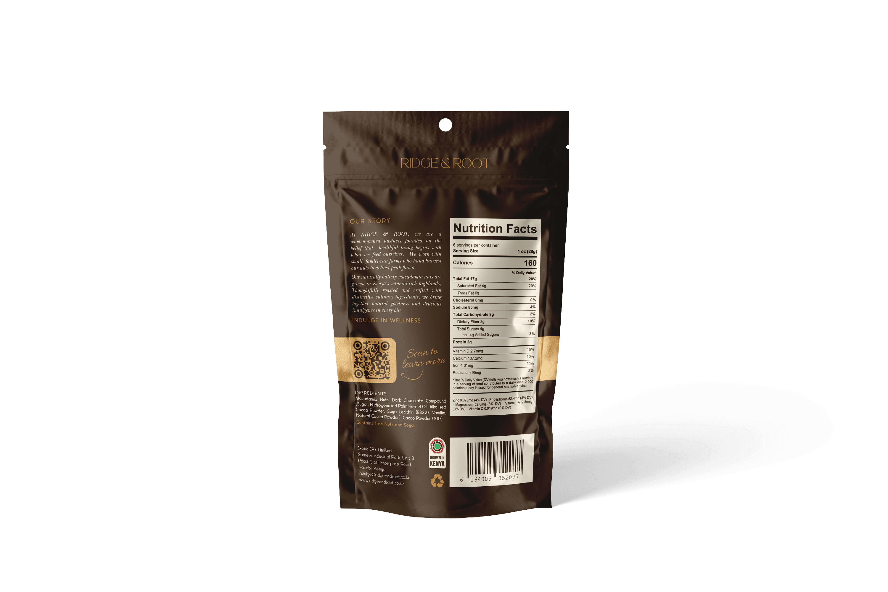 Chocolate Luxe dry-roasted macadamia nuts pouch, back with nutrition facts