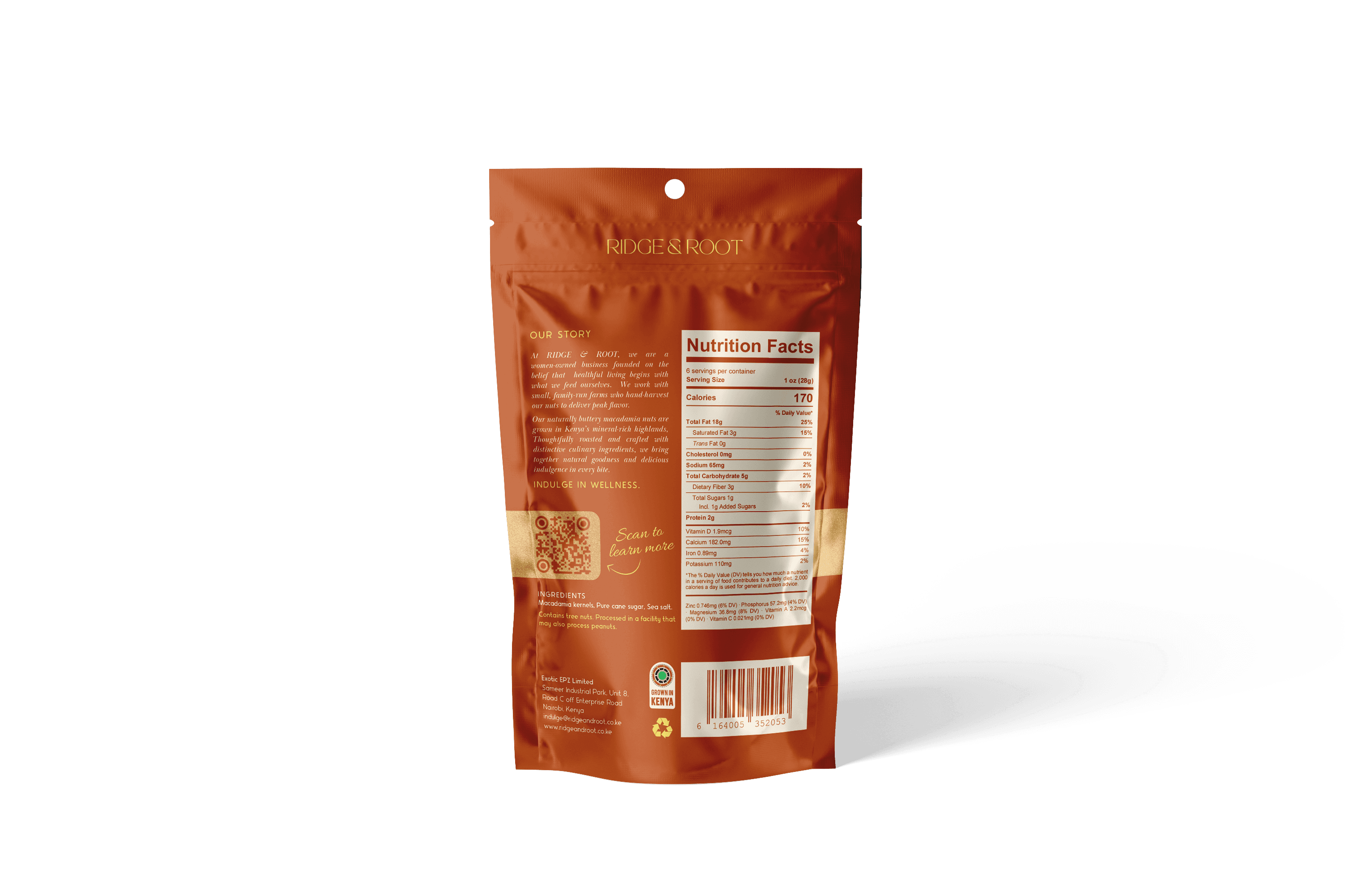 Golden Salted Caramel dry-roasted macadamia nuts pouch, back with nutrition facts