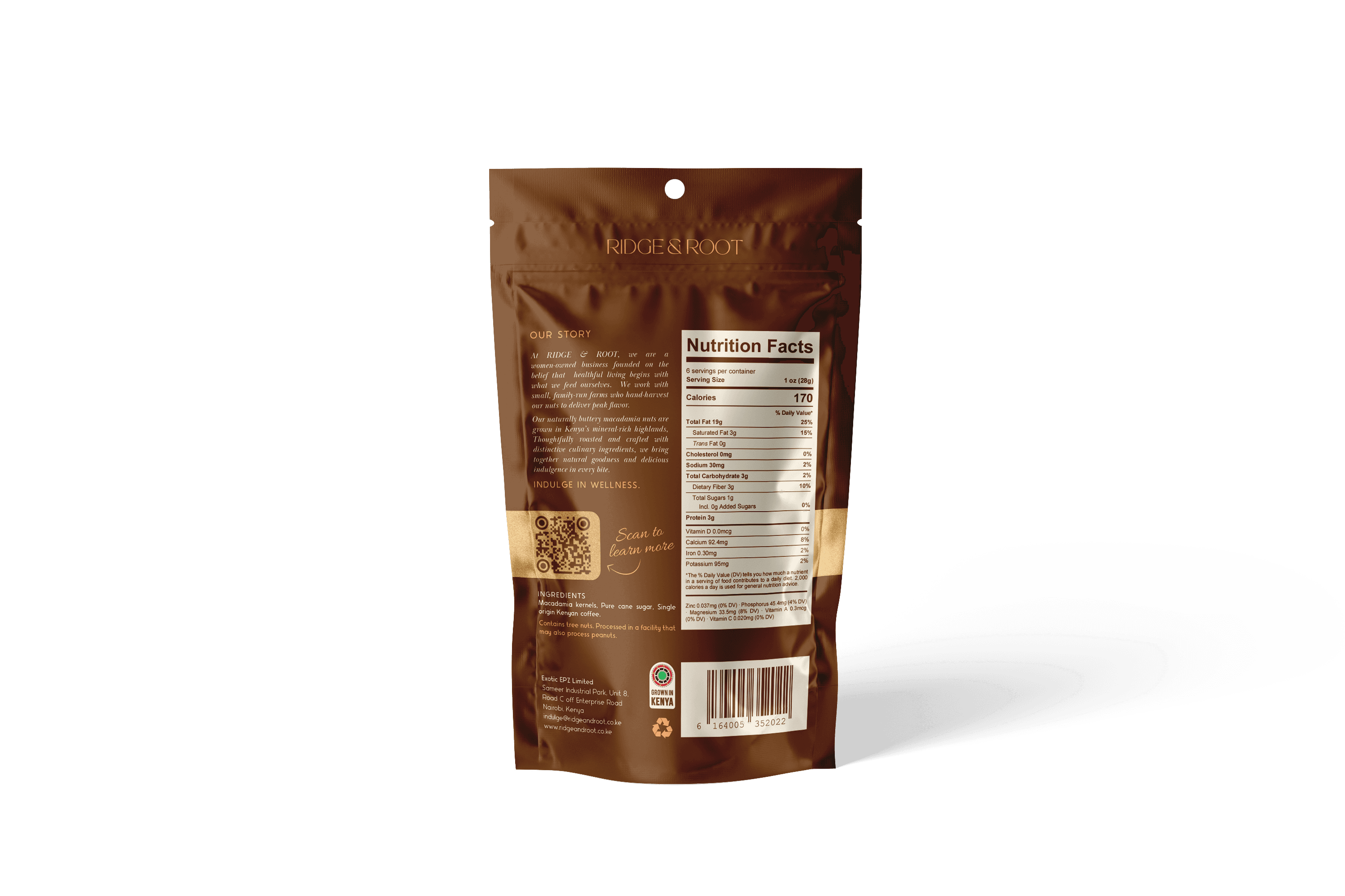 Kenyan Coffee Roast dry-roasted macadamia nuts pouch, back with nutrition facts