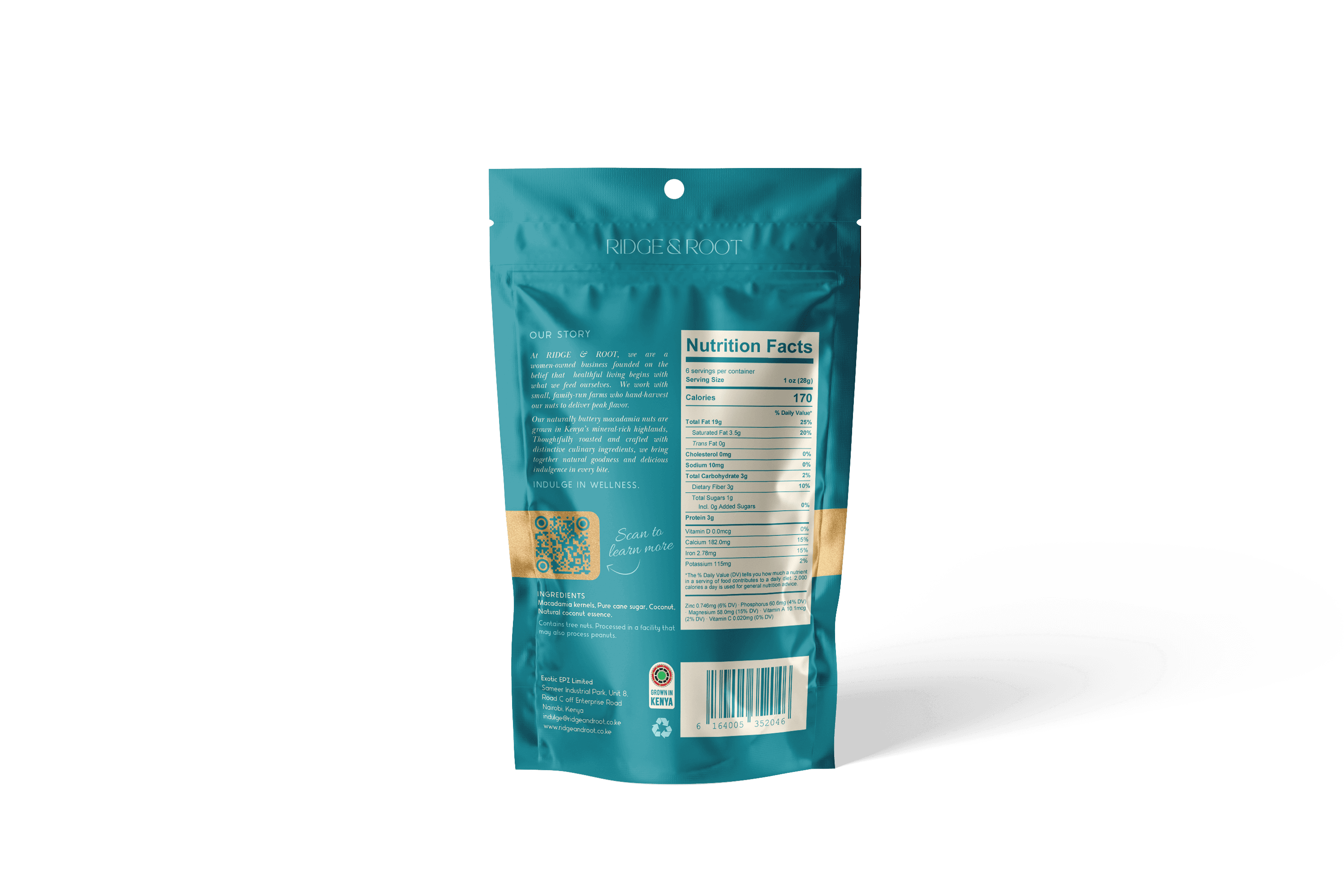 Toasted Coconut dry-roasted macadamia nuts pouch, back with nutrition facts