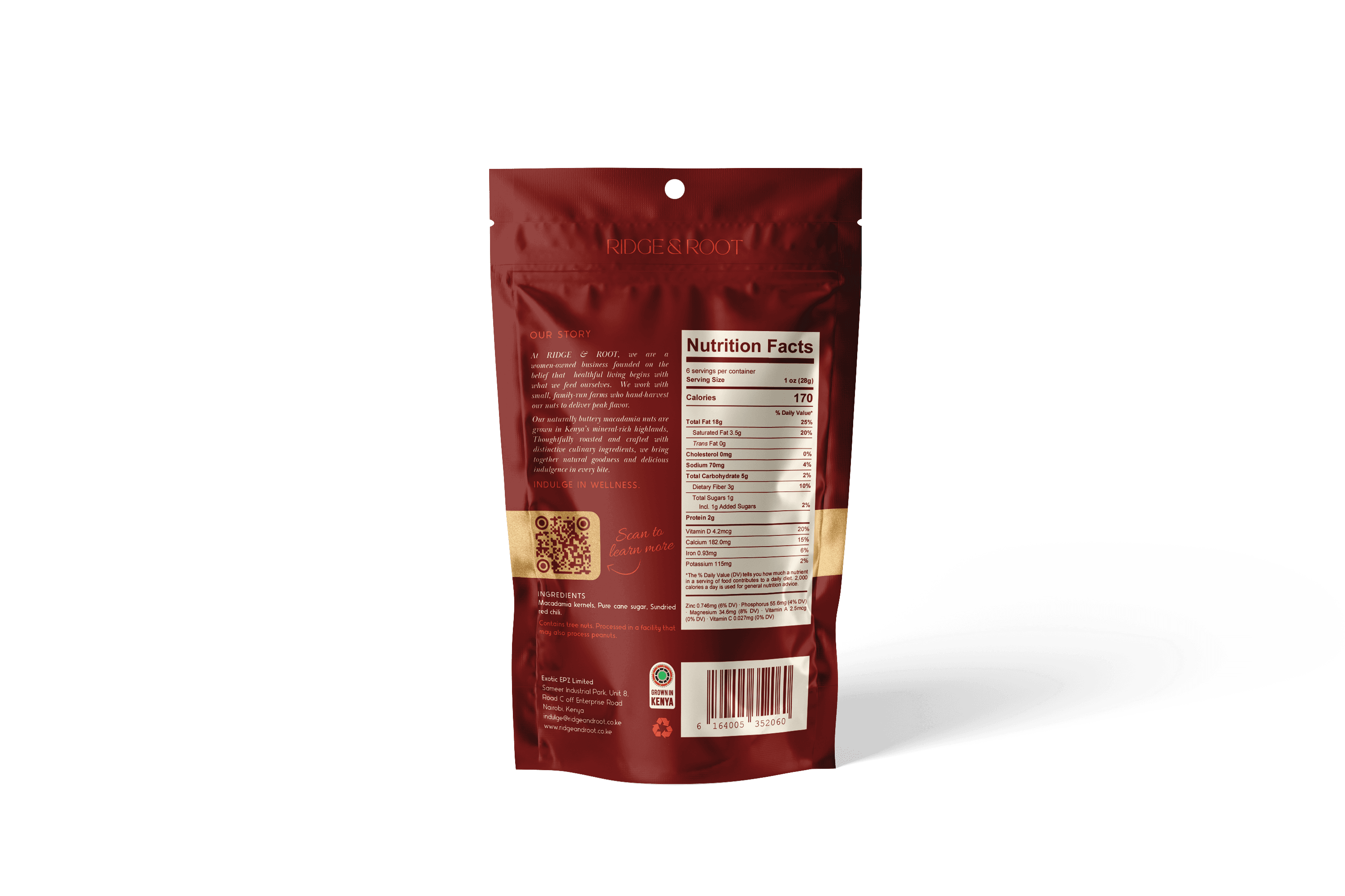 Warm Chili dry-roasted macadamia nuts pouch, back with nutrition facts