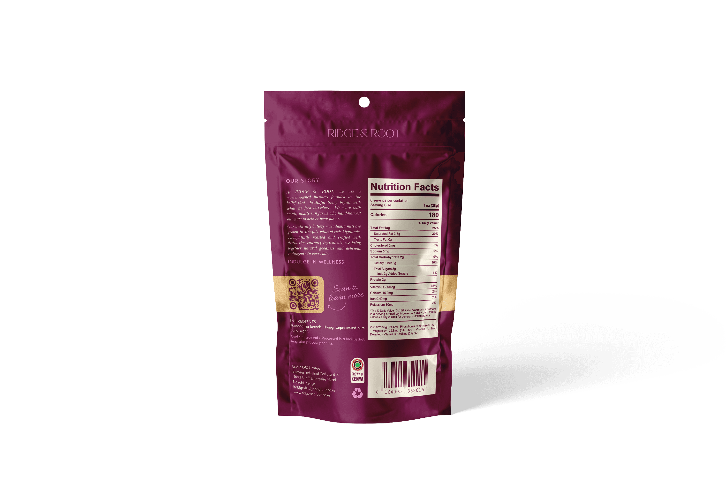 Honey Glazed dry-roasted macadamia nuts pouch, back with nutrition facts