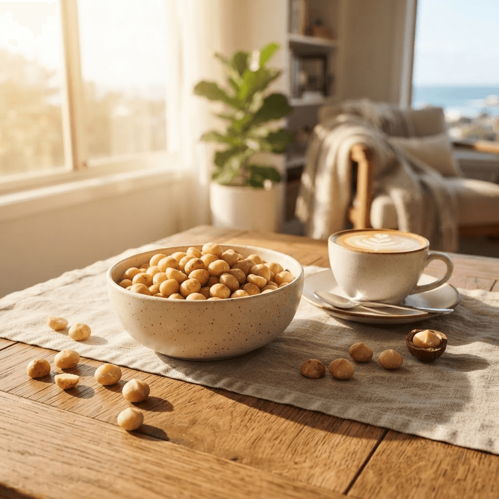 Roasted macadamia nuts served in a small bowl on a wooden surface