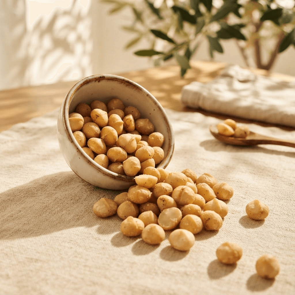 Golden Salted Caramel pouch displayed alongside whole macadamia nuts and seasonings