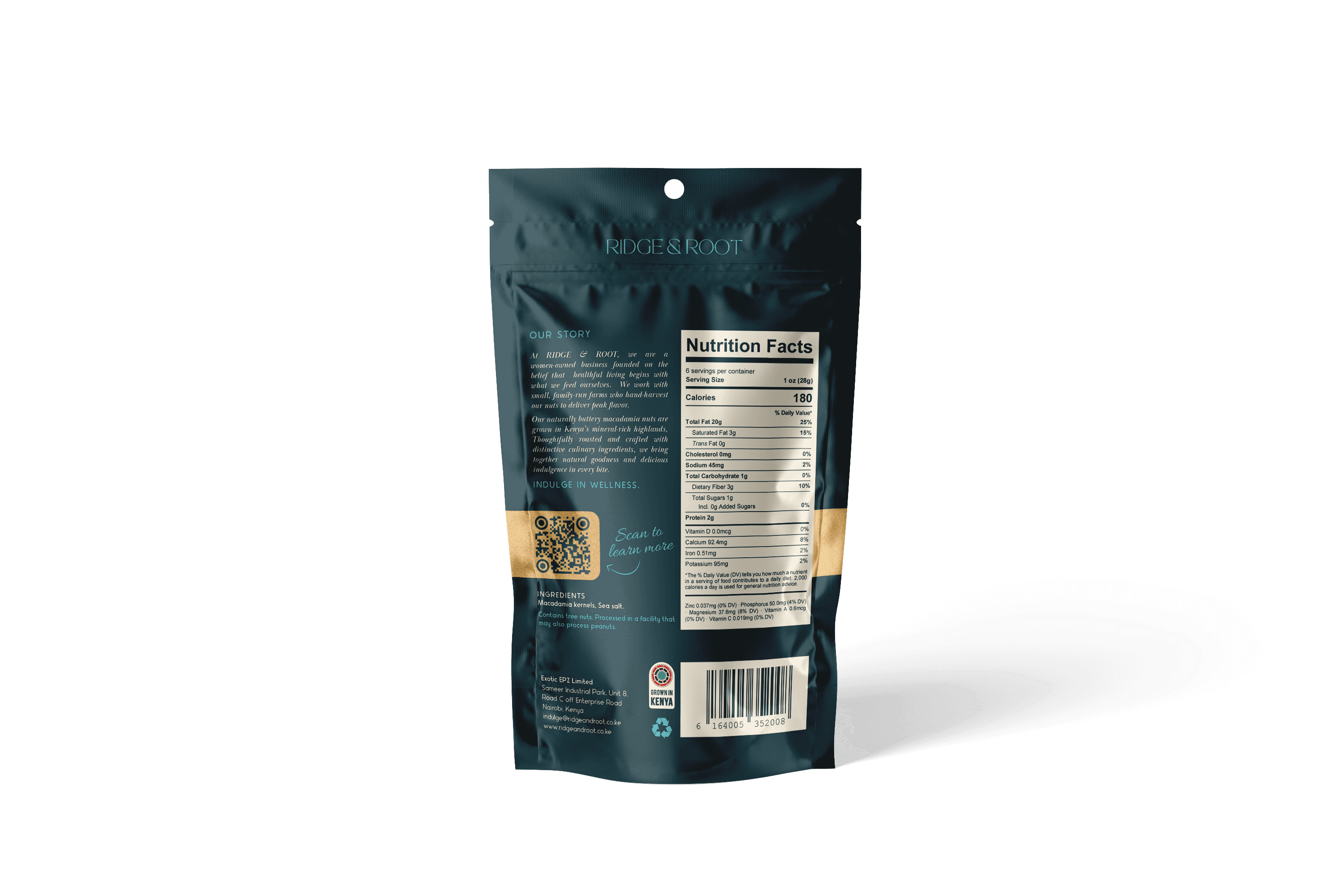 Classic Sea Salt dry-roasted macadamia nuts pouch, back with nutrition facts