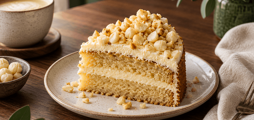 Slice of layer cake topped with chopped macadamia nuts
