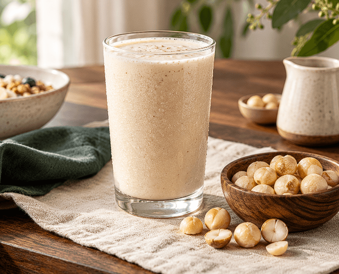 Creamy smoothie in a glass surrounded by macadamia nuts