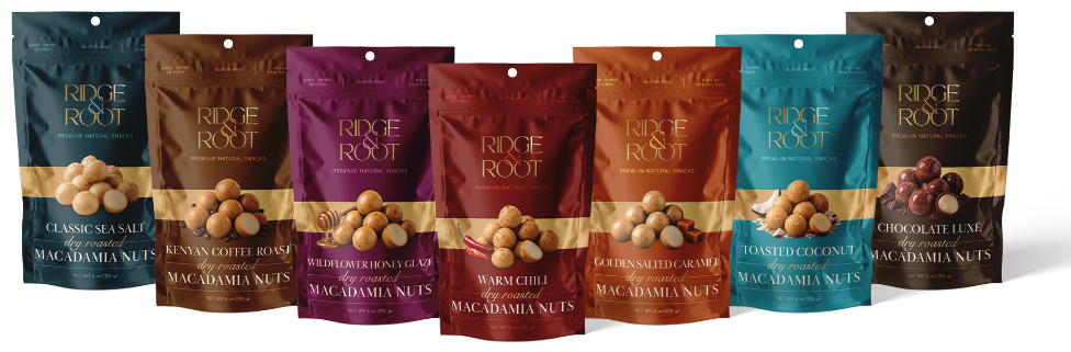 Ridge & Root all seven dry roasted macadamia nut flavors: Classic Sea Salt, Kenyan Coffee Roast, Wildflower Honey Glaze, Warm Chili, Golden Salted Caramel, Toasted Coconut, and Chocolate Luxe