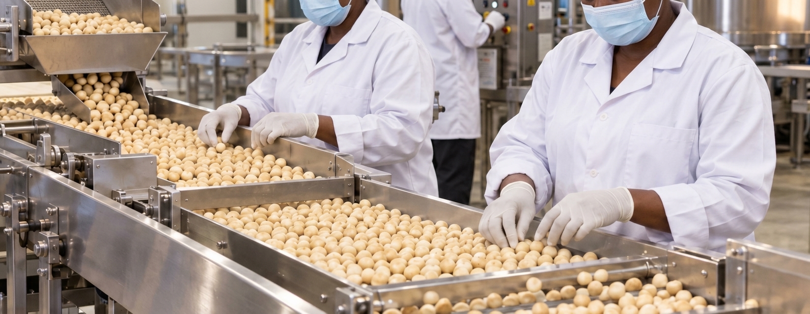 A factory photo showing macadamia nuts being processed and roasted in Kenya