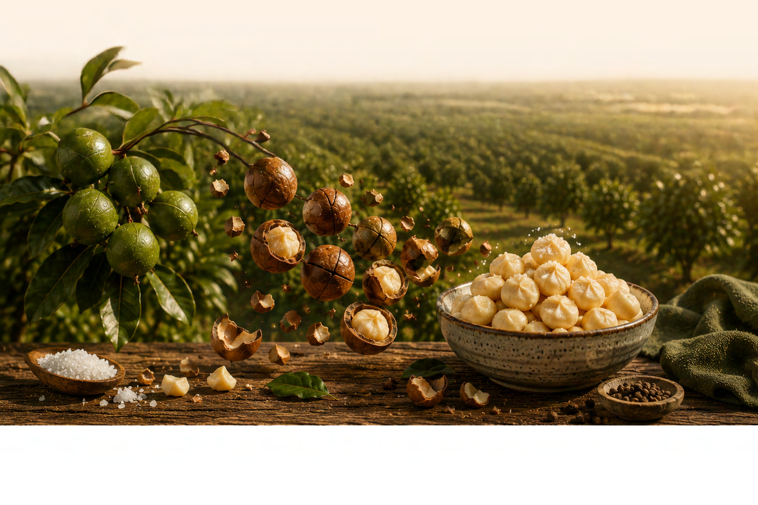 A macadamia orchard in the Kenyan highlands with a bowl of kernels