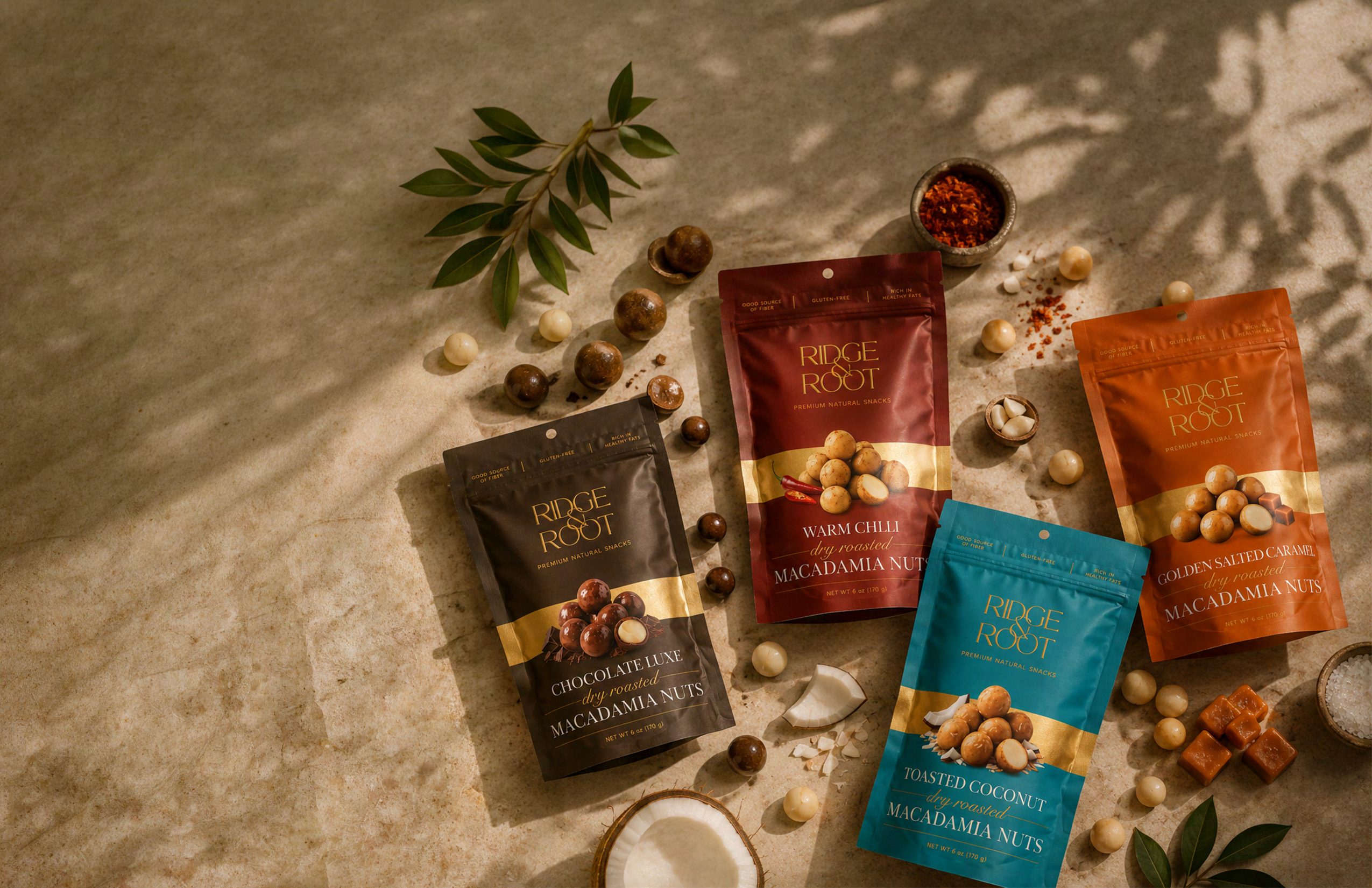 Ridge & Root macadamia pouches arranged with nuts, coconut and spices