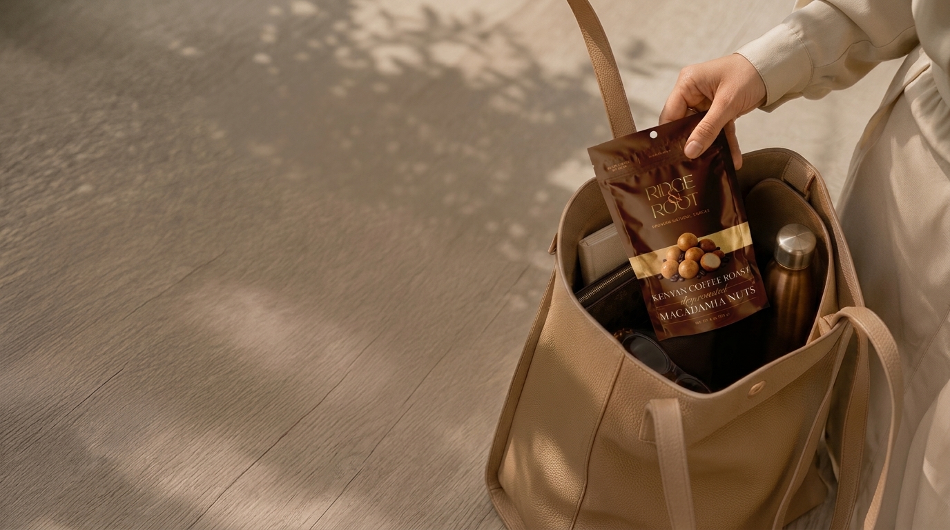 A hand holding a Kenyan Coffee Roast Ridge & Root macadamia pouch over a canvas tote bag