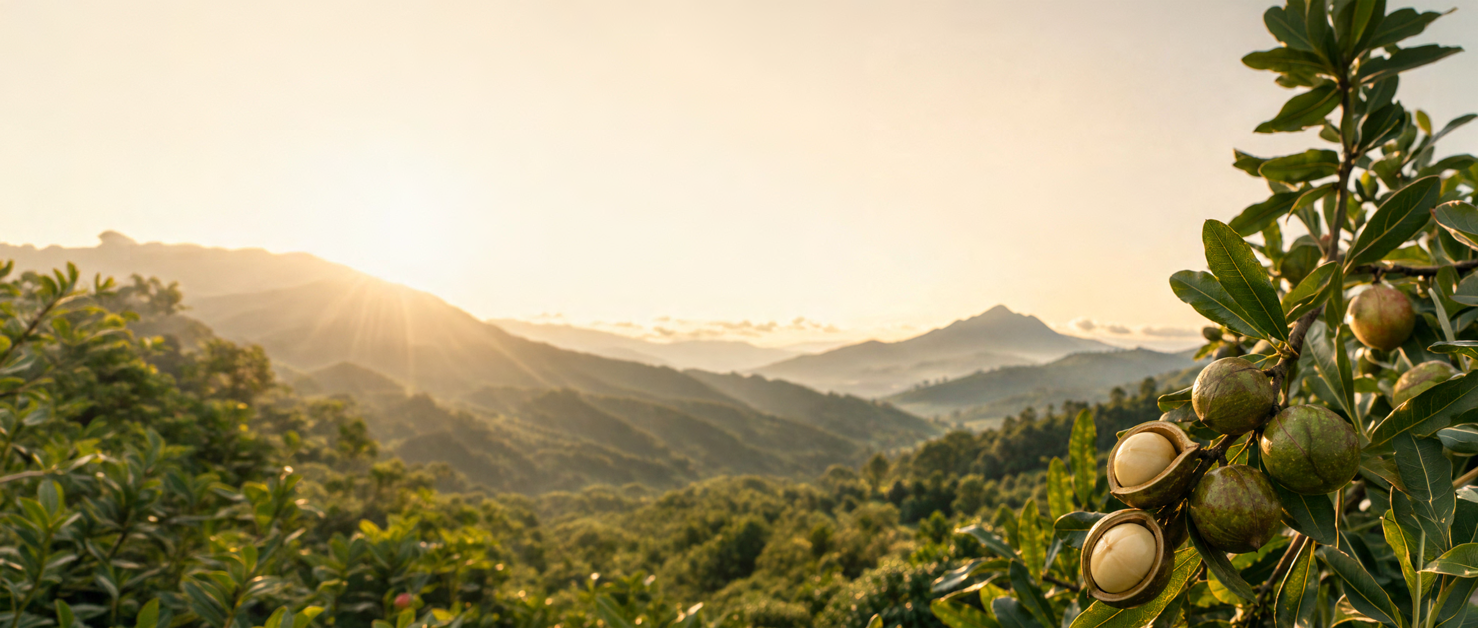 The Kenyan highlands with macadamia orchards at golden hour