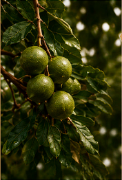Macadamia tree branch with lush leaves and clusters of green nuts