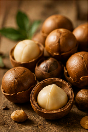 Cracked macadamia nut shells with whole golden kernels