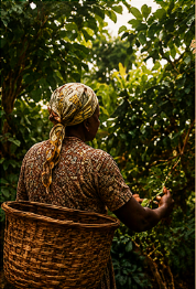 Farmer harvesting macadamias with a woven basket on her back