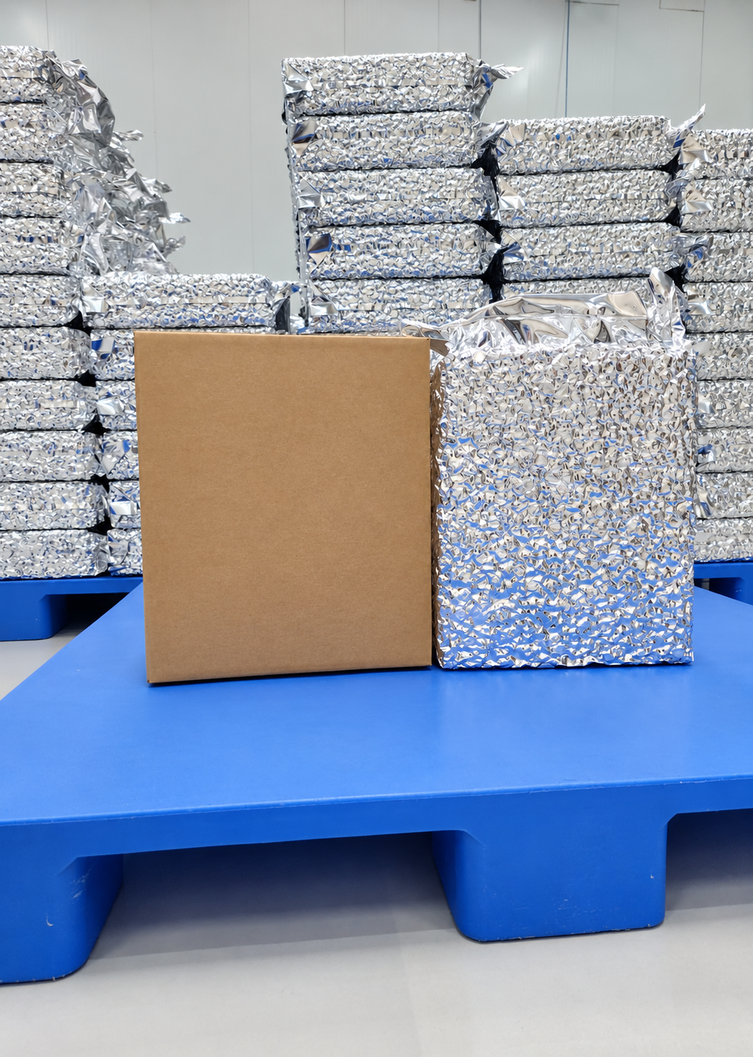 Stacked vacuum-packed cartons on a pallet with plain unbranded export packaging box