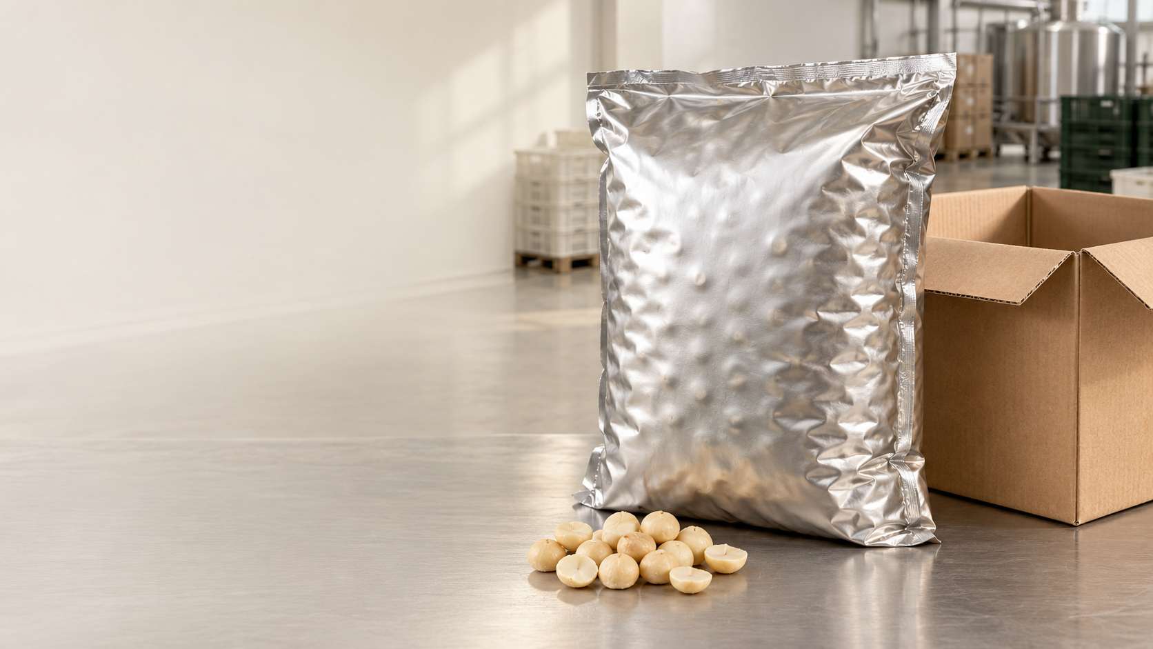 Silver vacuum-sealed pouch standing next to cardboard box with loose macadamia kernels