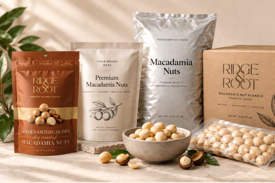 Ridge & Root macadamia retail pouch, private-label custom pouch, foodservice bulk bag, and branded carton with a bowl of kernels
