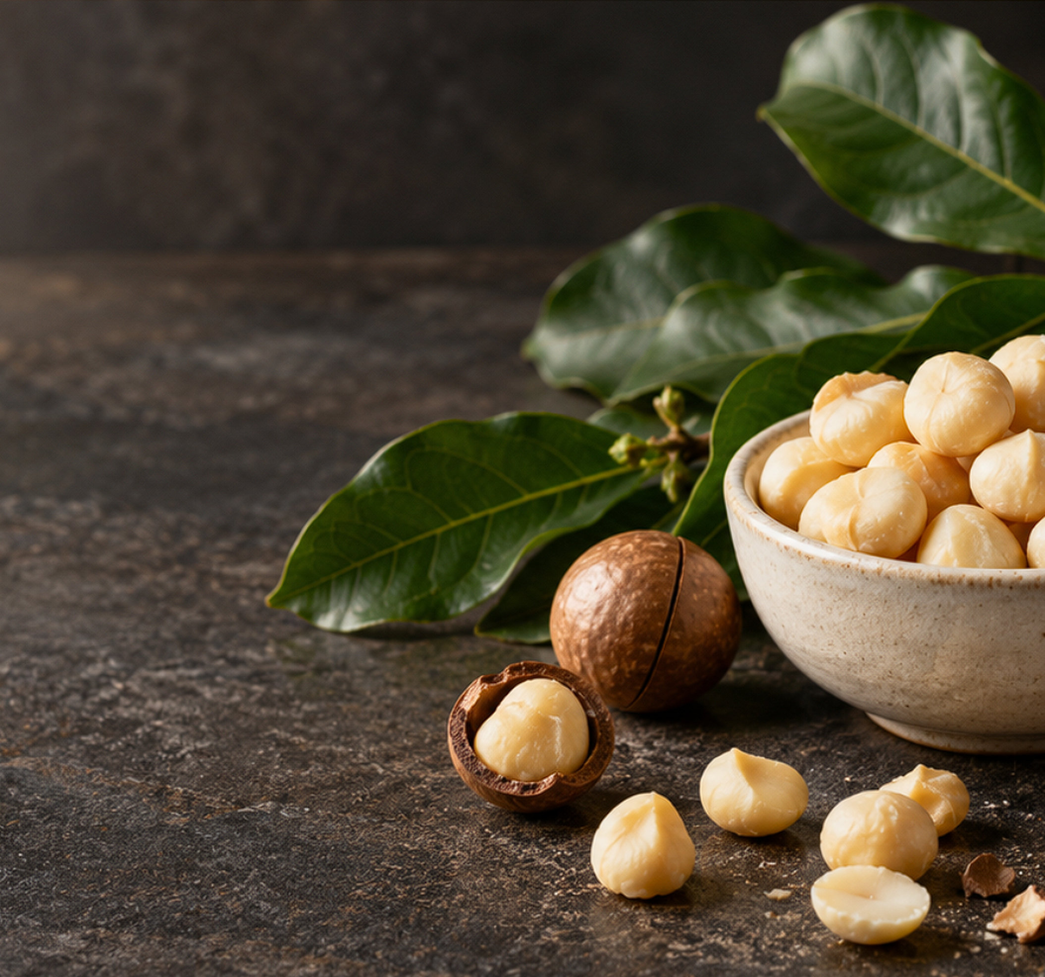 Bowl of macadamia nuts with cracked shells and fresh leaves