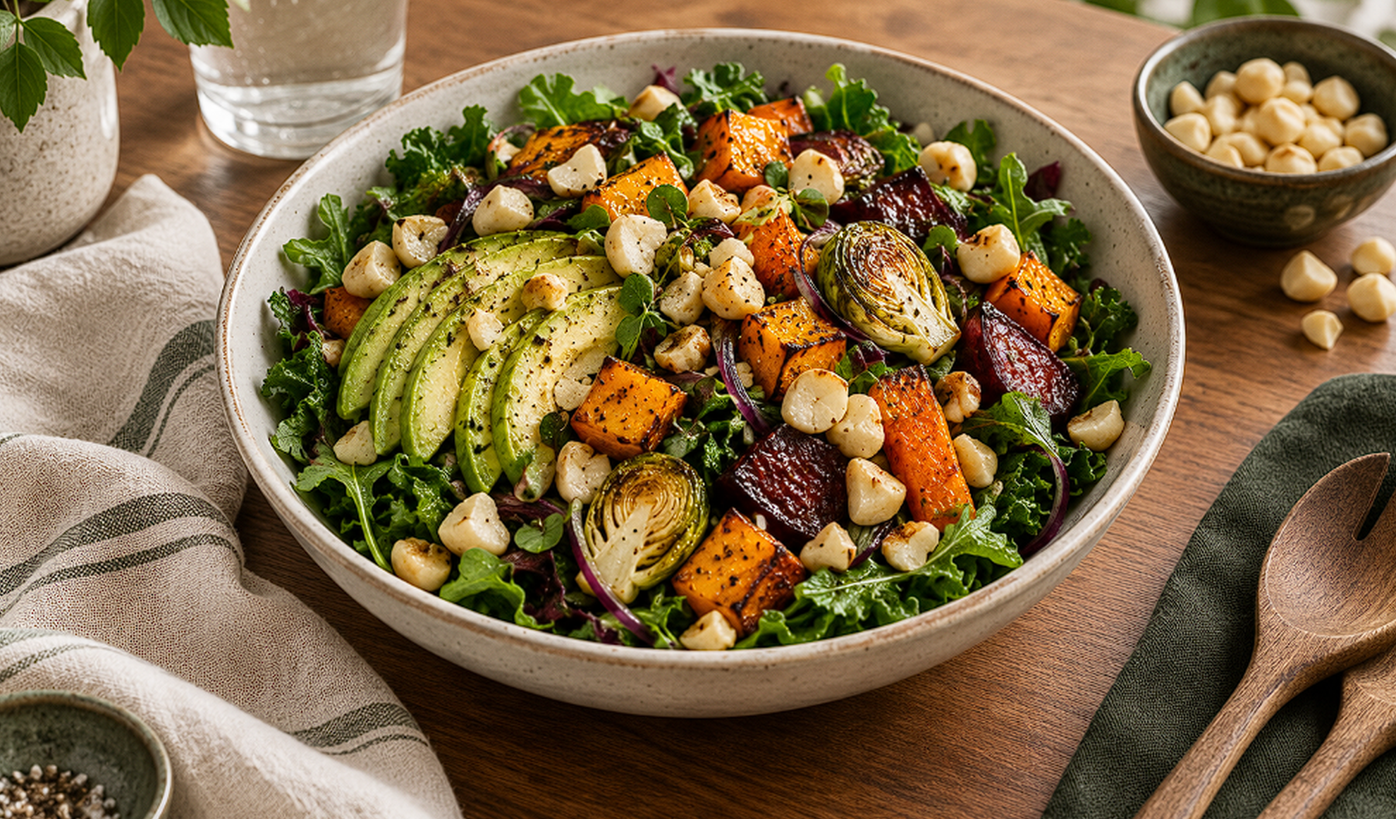 Kale and roasted vegetable salad topped with macadamia nuts