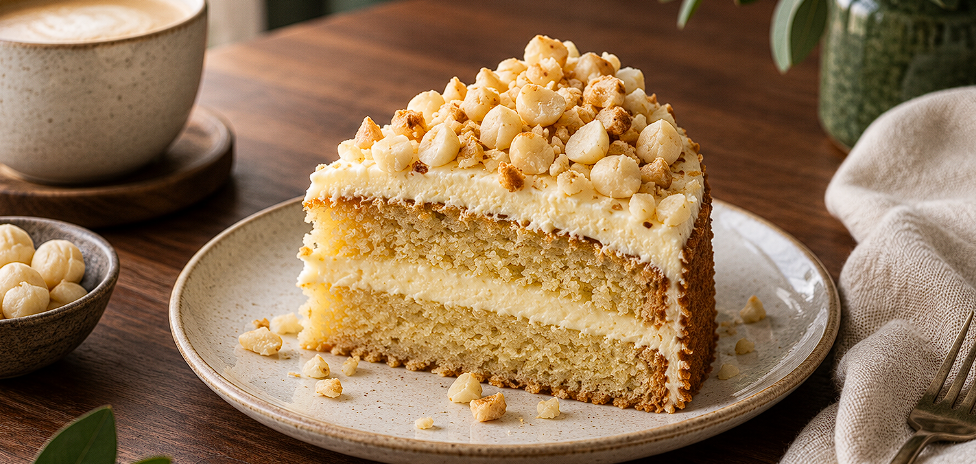 Slice of layer cake topped with chopped macadamia nuts
