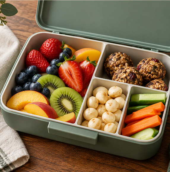 Bento lunch box with fruit, vegetables and macadamia nuts