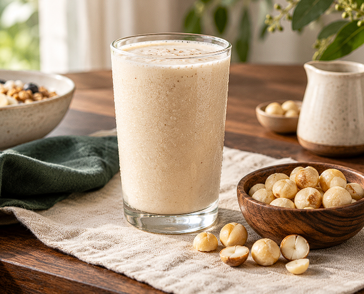 Creamy smoothie in a glass surrounded by macadamia nuts